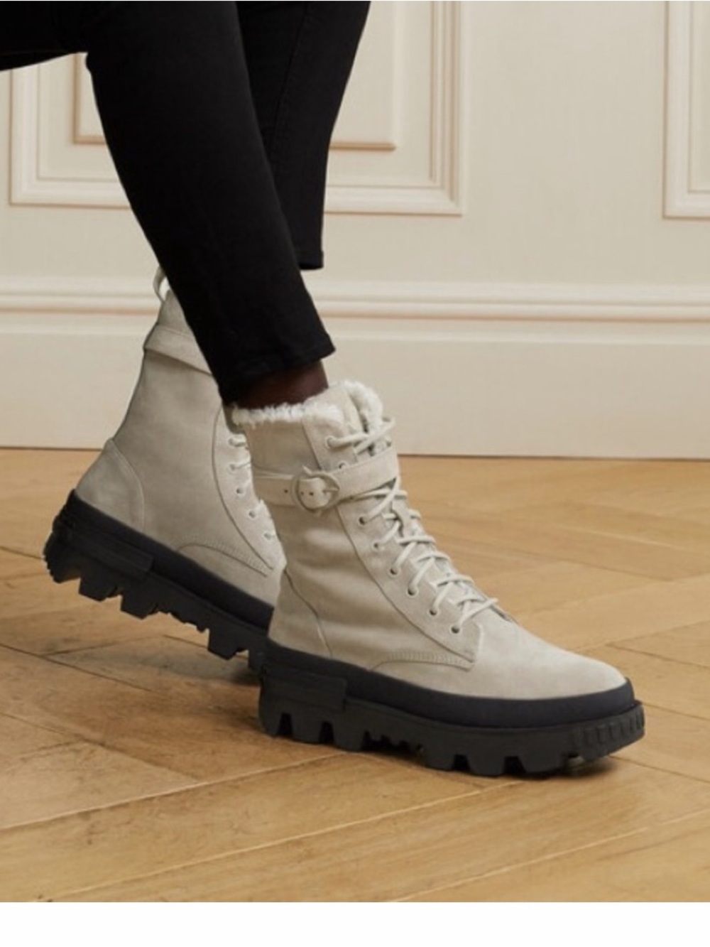 Moncler Cream Lace-Up Shearling-Trim Combat Boots